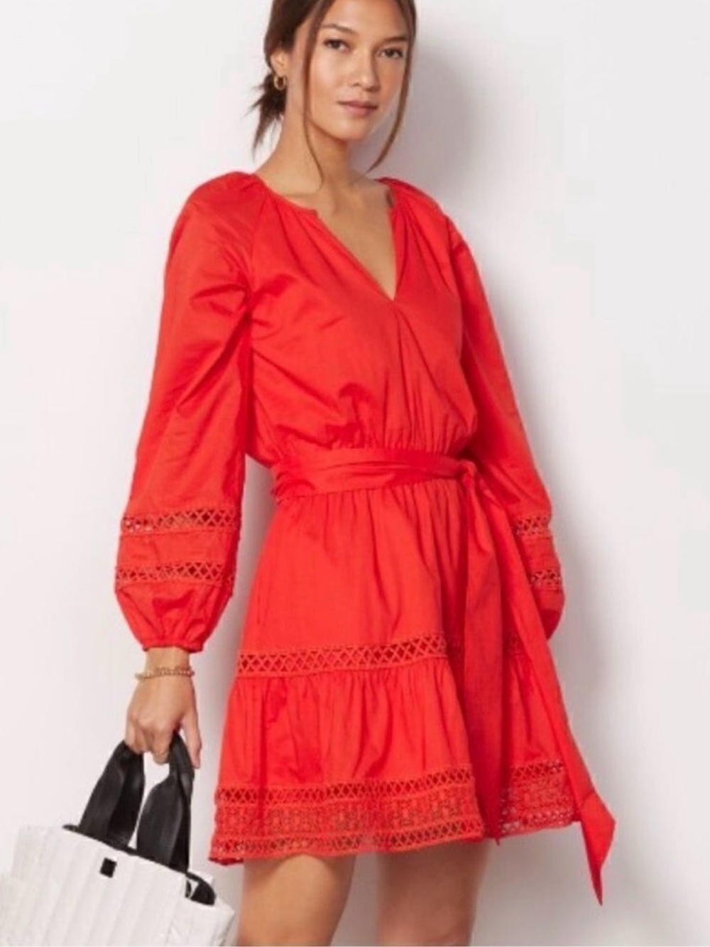 Evereve Coral Red V-Neck Lace-Trim Long Sleeve Dress Tomato Red Pockets belted